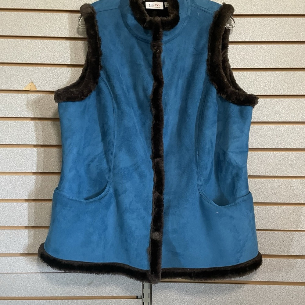 D & Co Denim & Company Blue Faux Fur Lined Vest L Pockets Snaps LN